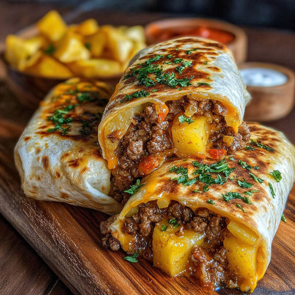 Cheesy Potato Burritos with Beef recipe