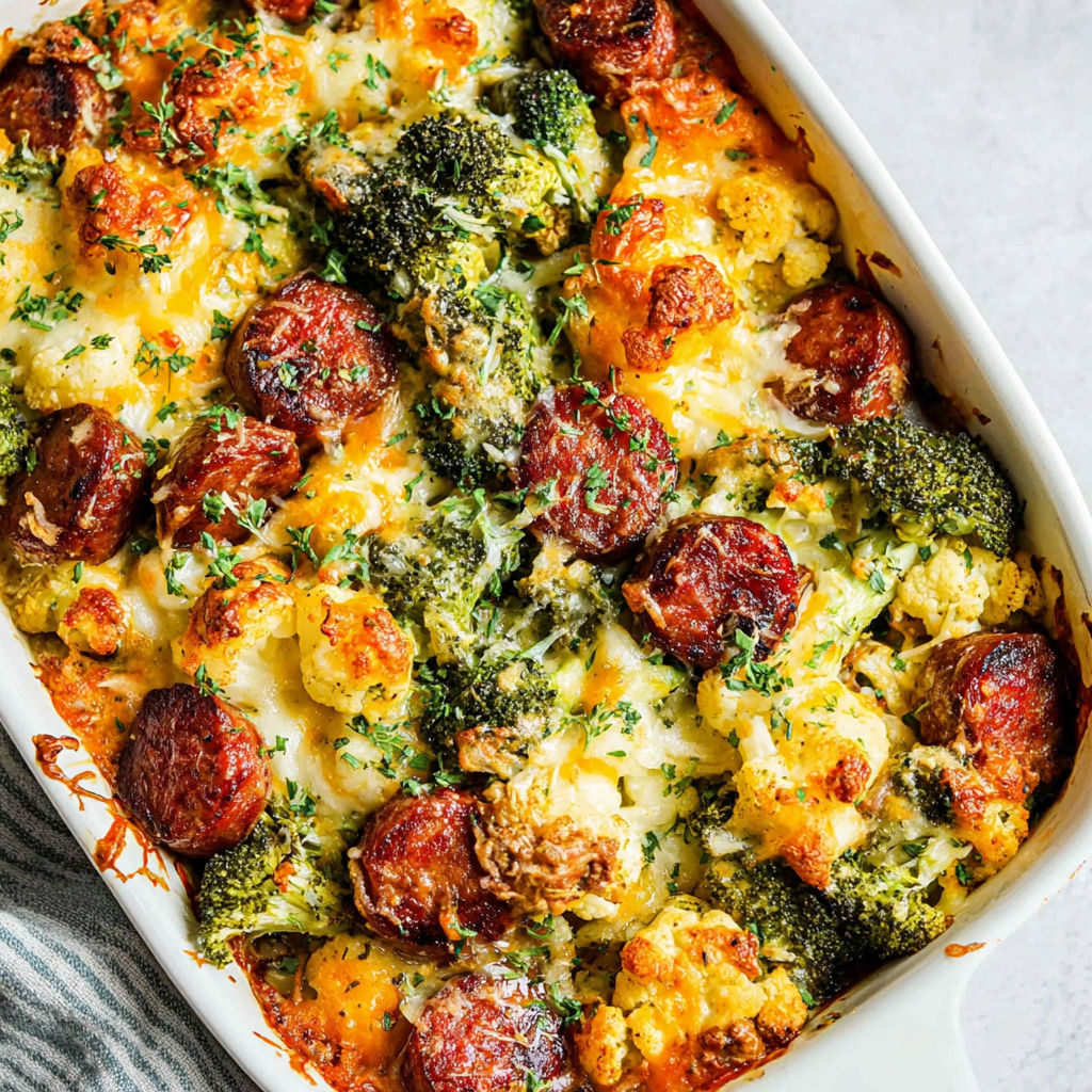 Broccoli Cauliflower Cheese Sausage Bake recipe