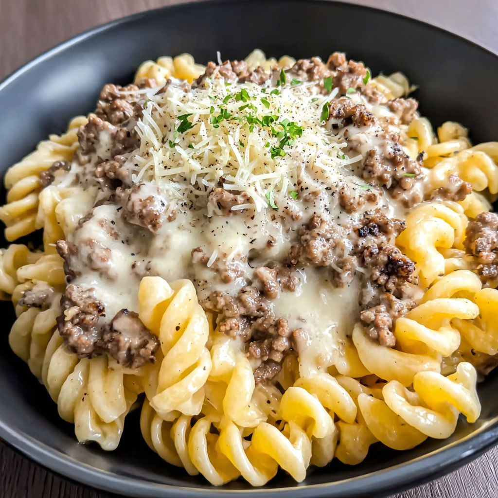 Cheesy Beef Alfredo Pasta Delight recipe