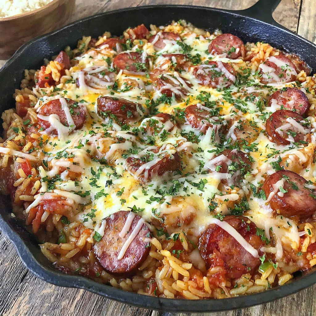 Cheesy Smoked Sausage Rice Skillet recipe