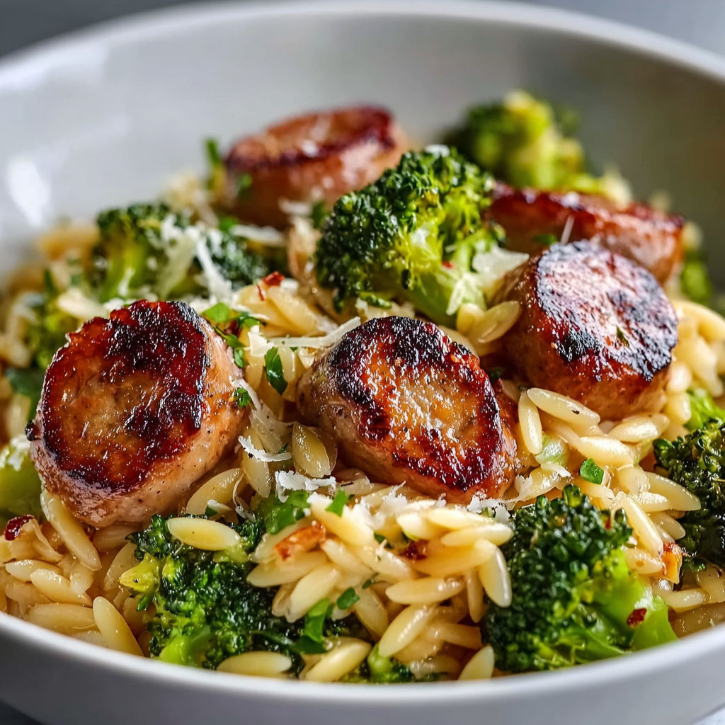 Chicken Sausage Broccoli Orzo recipe