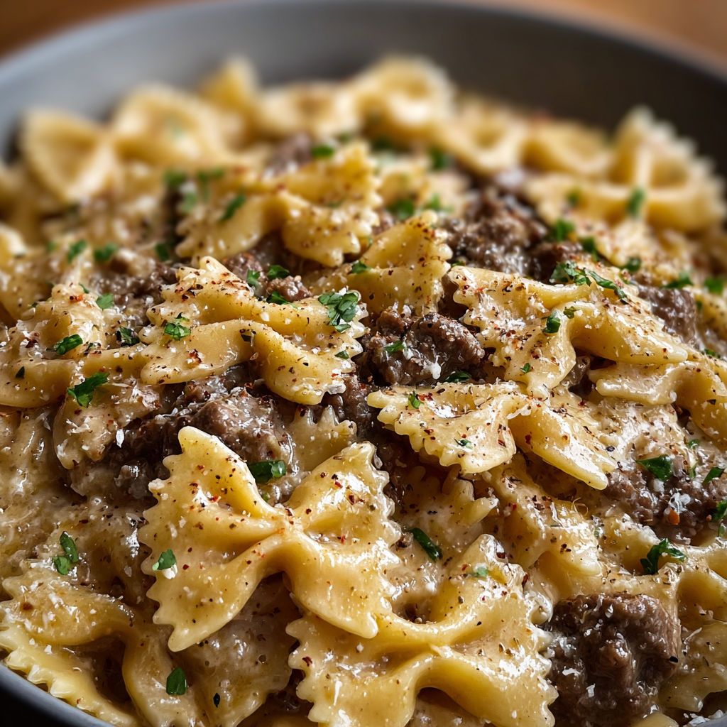 Creamy Parmesan Garlic Beef Bowtie recipe