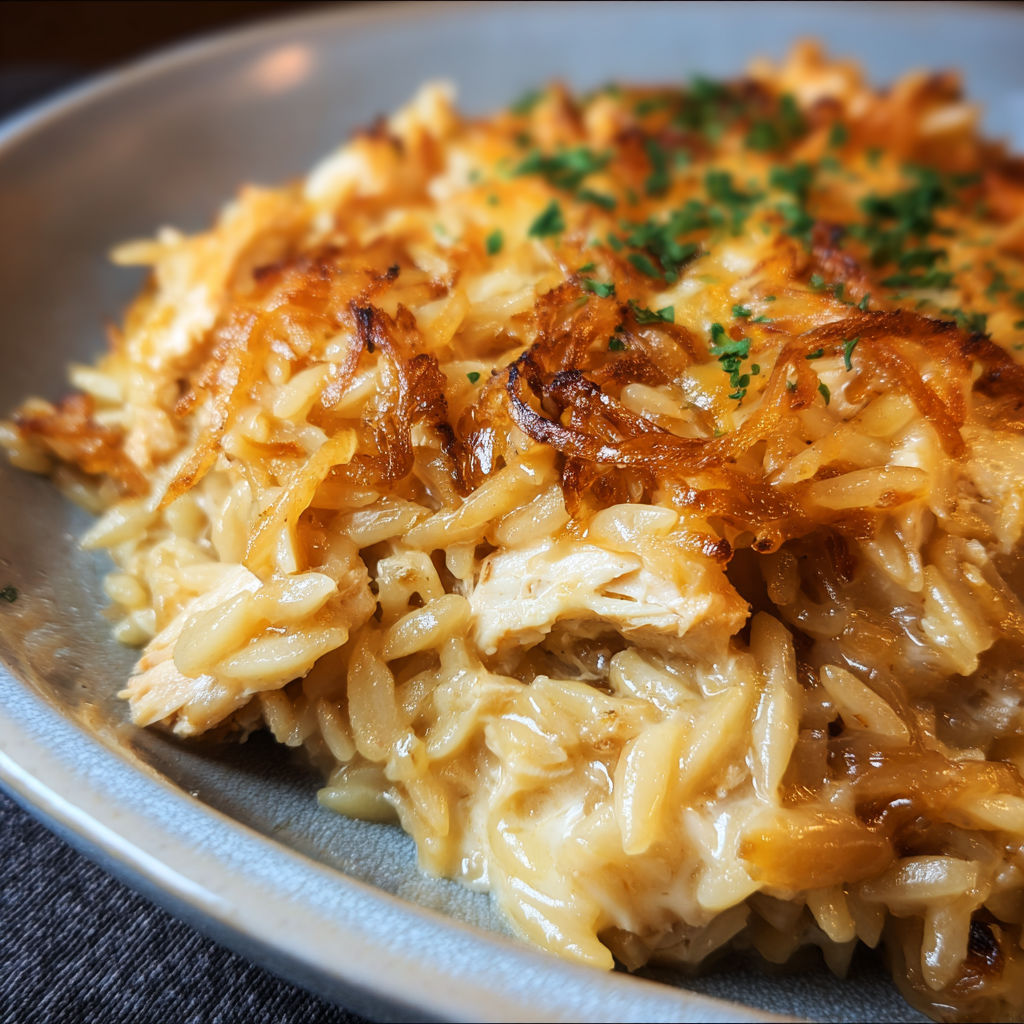 French Onion Chicken Orzo Casserole recipe
