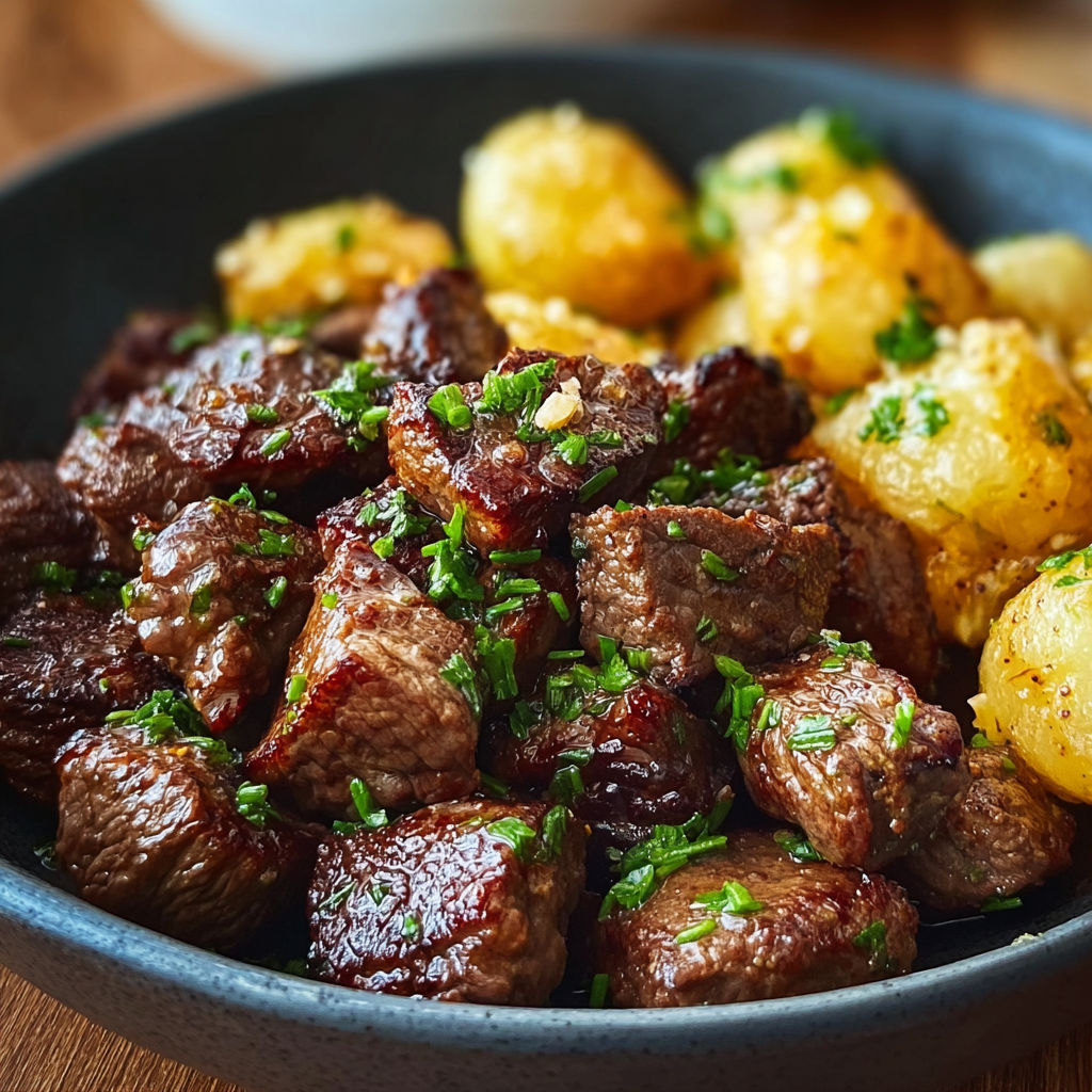 Garlic Butter Beef Bites Potatoes recipe