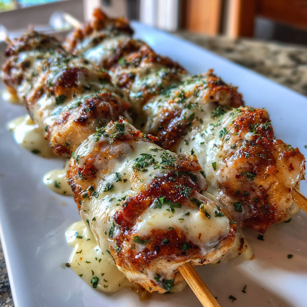 Garlic Mozzarella Chicken Bomb Skewers recipe