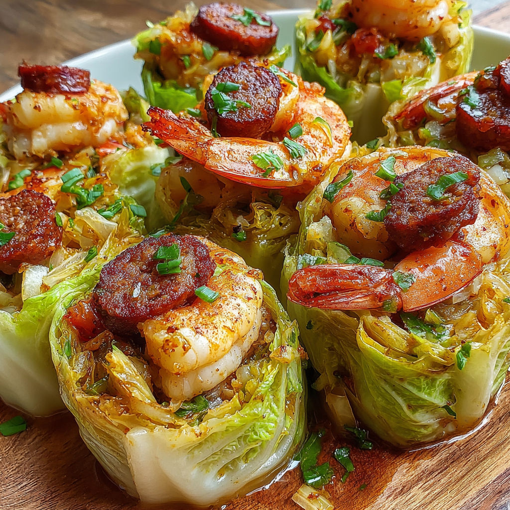 Garlic Shrimp Sausage Cabbage Cups recipe