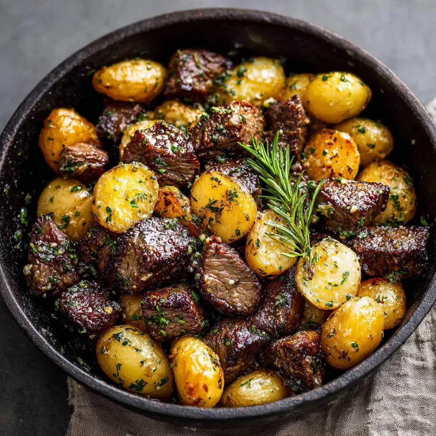Garlic Steak Bites with Potatoes recipe
