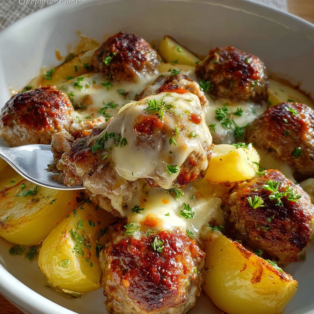 Meatballs Potatoes Cheese Bake recipe