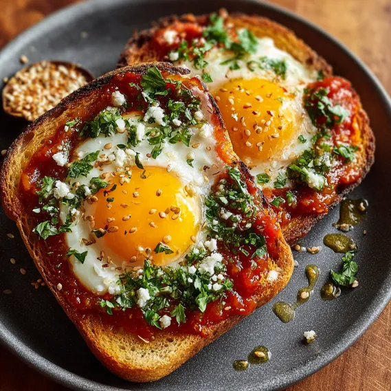 Shakshouka Toast Feta Fried Eggs recipe
