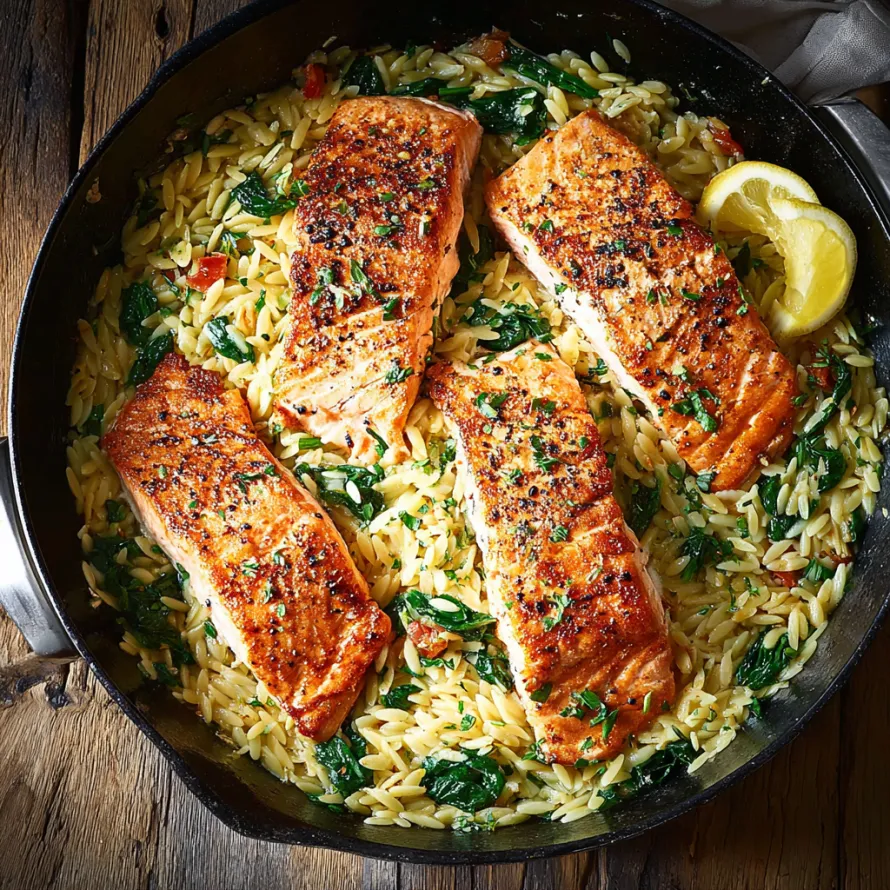 One Skillet Salmon Lemon Orzo recipe