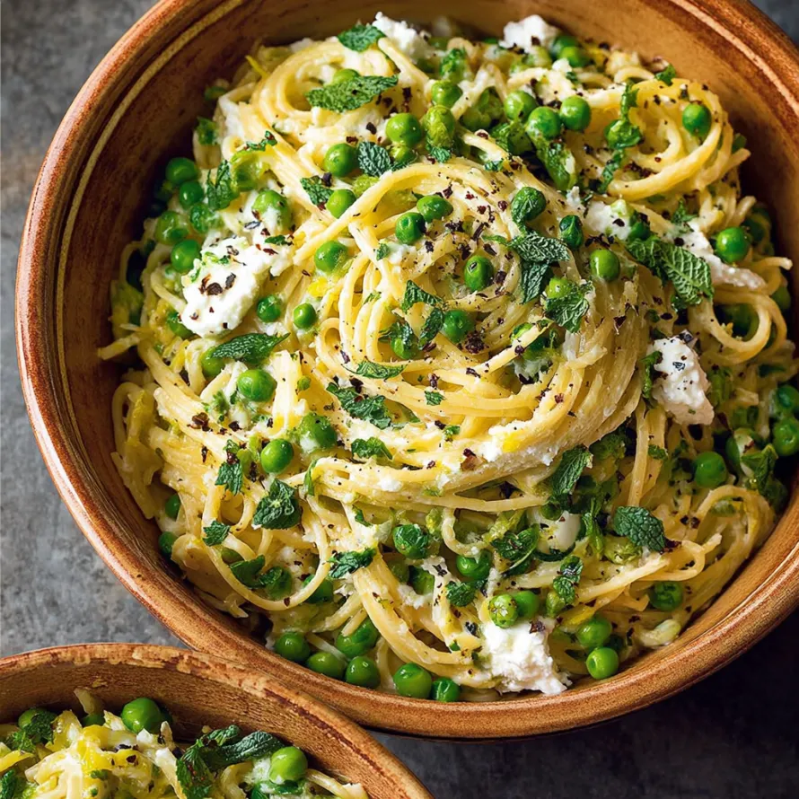 Spaghetti Goat Cheese Mint Peas recipe