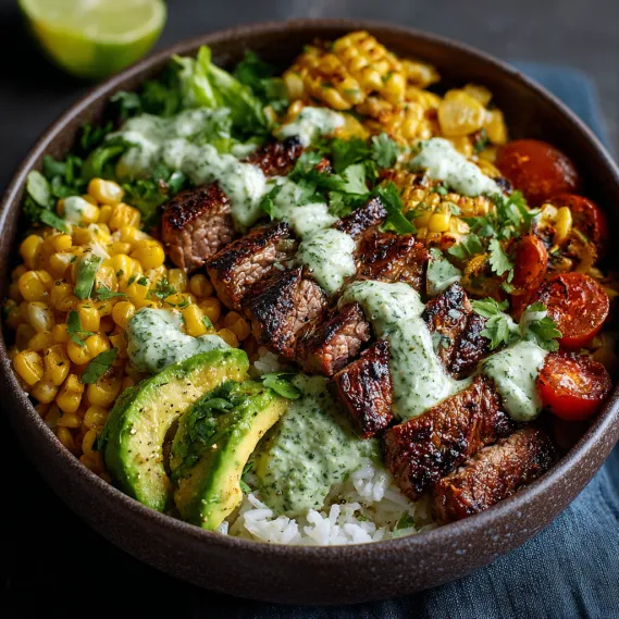 Steak Avocado Roasted Corn Bowl recipe