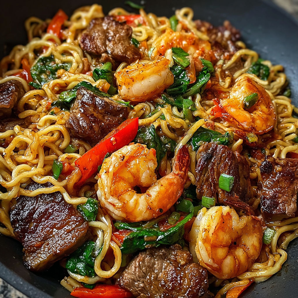 Steak Shrimp Stir-Fried Noodles recipe